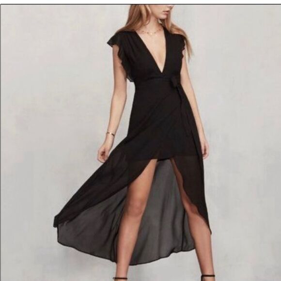 Reformation Charlene Wrap Midi Ruffle Dress Black - Picture 1 of 11
